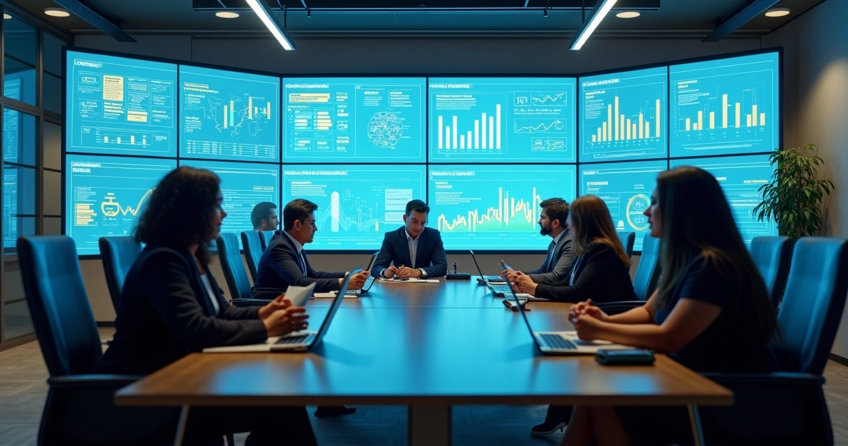 Equipe analisando dados de prospecção B2B em grandes telas no escritório. 