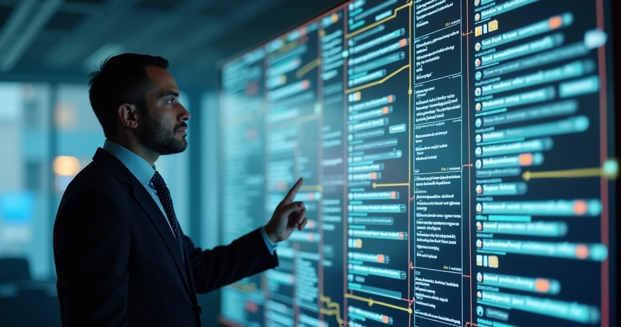 Advogado analisando sequência de mensagens digitais em parede de tela ampla, contextualizando tons e repetições
