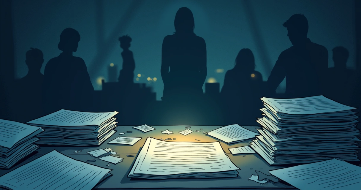Ilustração de uma mesa desorganizada com documentos legais, destacando uma única evidência clara que brilha.
