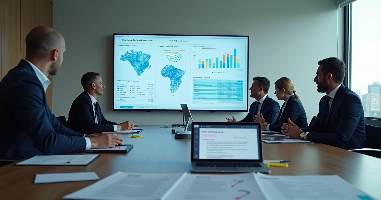 Equipe analisando dados de um provedor de internet em grande tela de reunião 