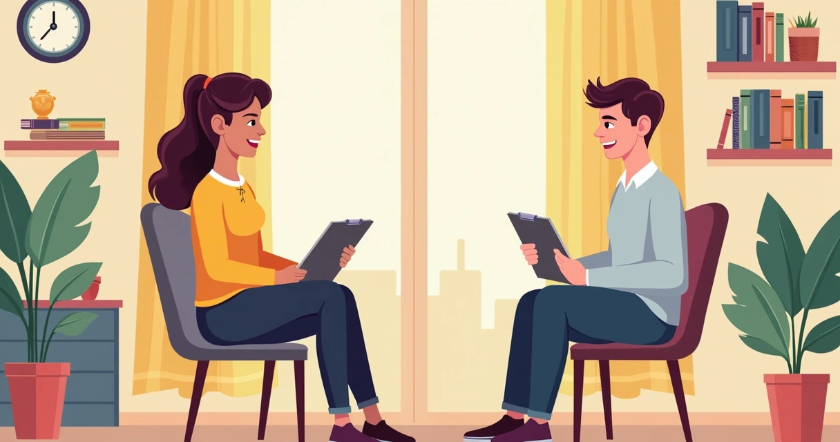 Psicóloga conversando com jovem em sala aconchegante, ambos sorrindo 