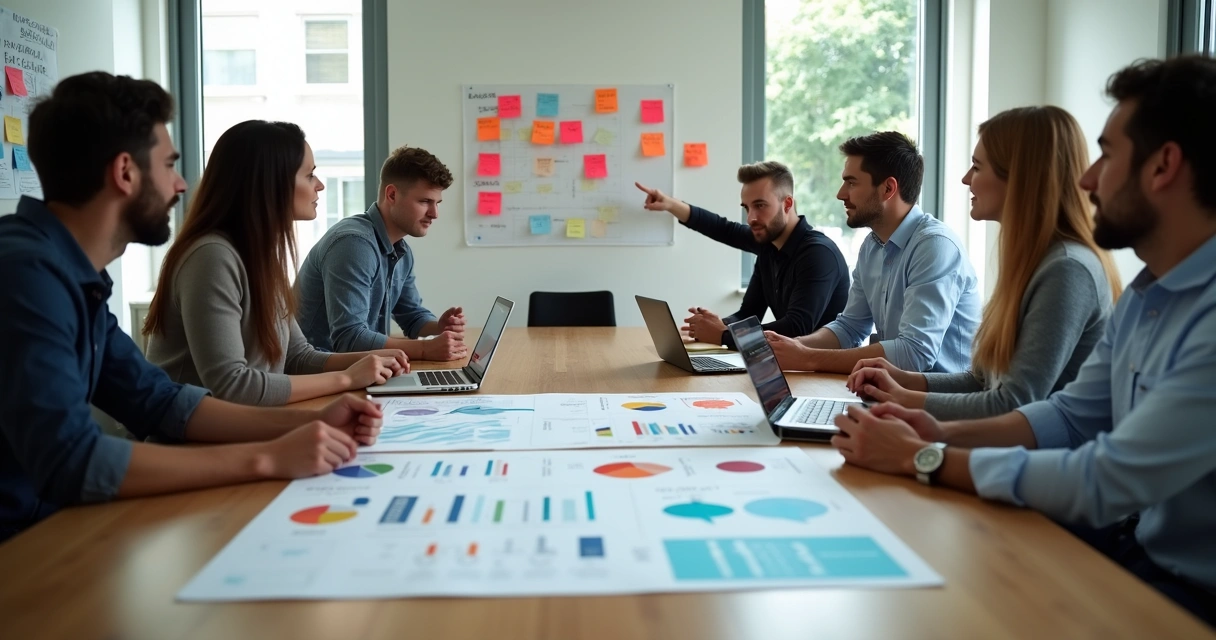 Equipe analisando perfil de público em sala de reunião 