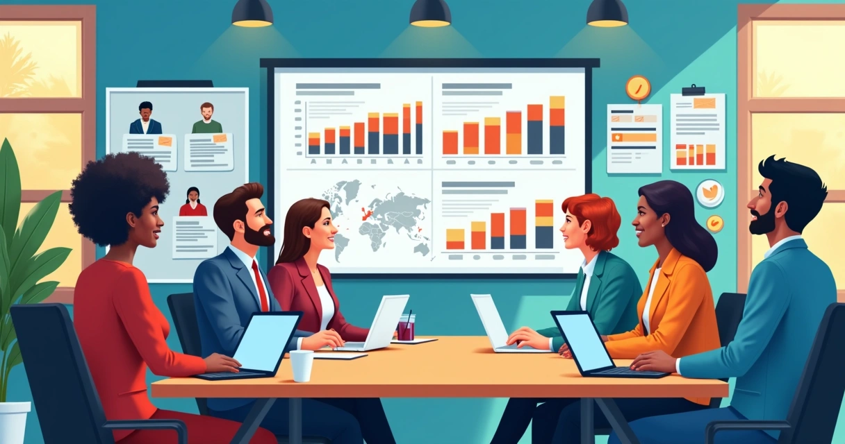 Equipe analisa gráficos e perfis do público em uma sala de reuniões 