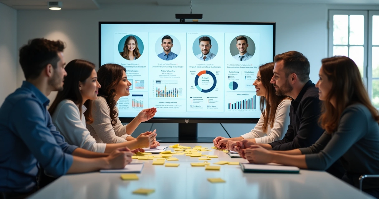 Profissionais analisando perfis de clientes na tela de computador 