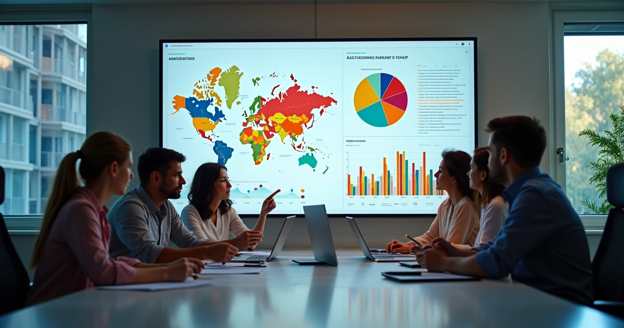 Computador com gráficos detalhados e público analisando resultados de campanha 