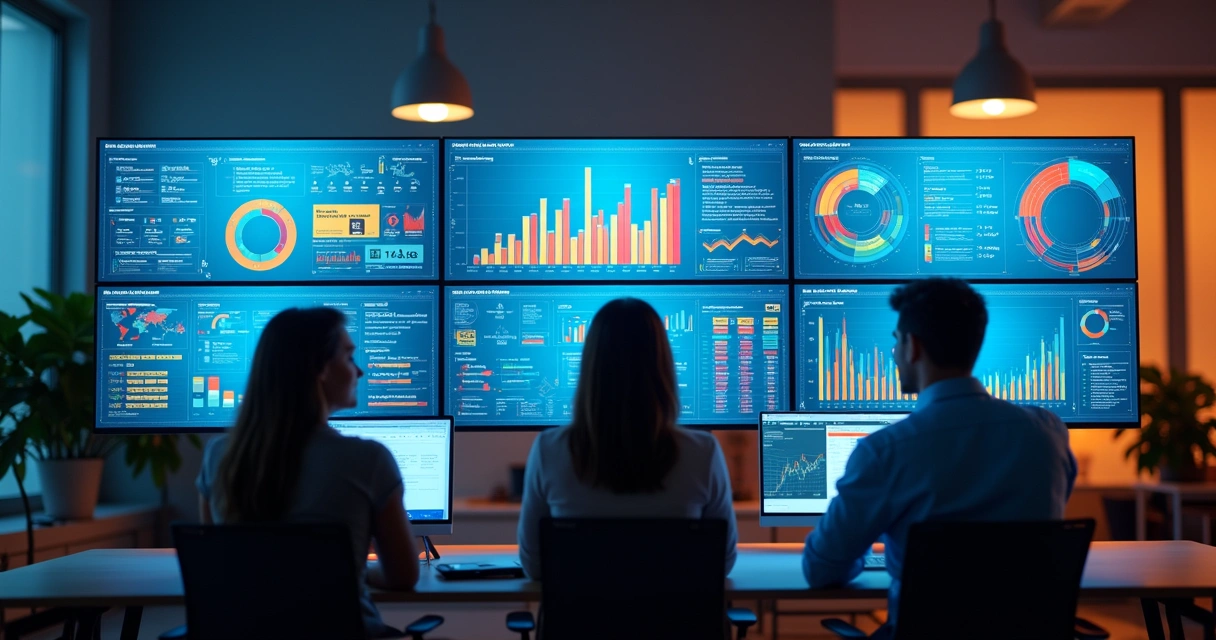 Equipe analisando dados em múltiplas telas mostrando gráficos digitais 