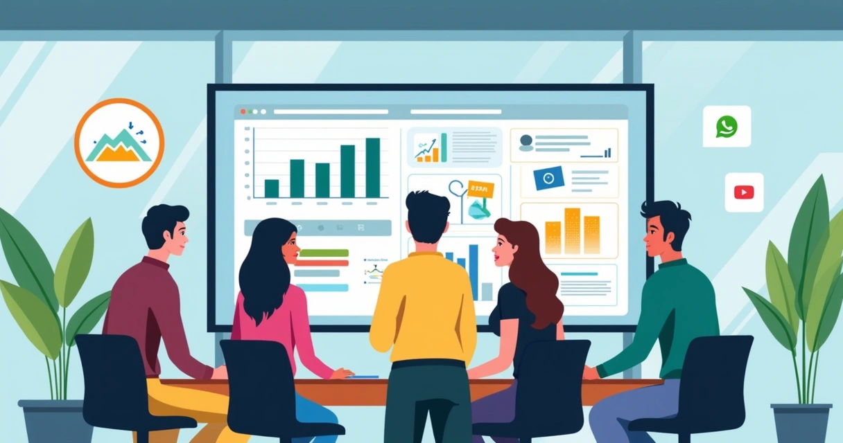 Equipe analisando perfil digital do público em tela com gráficos e ícones de redes sociais