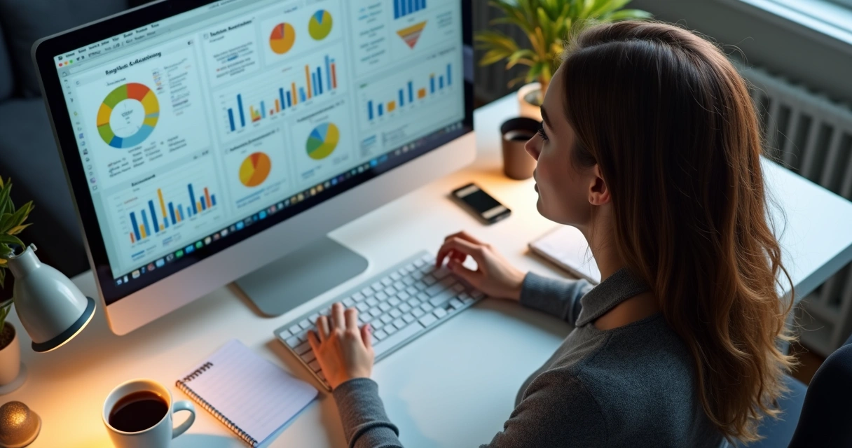 Analista de marketing revisando dados de público em tela de computador