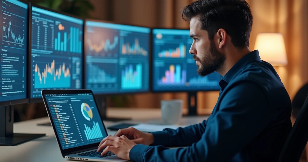 Profissional analisando painel de métricas e quadros de dados, laptop aberto e gráficos ao fundo 