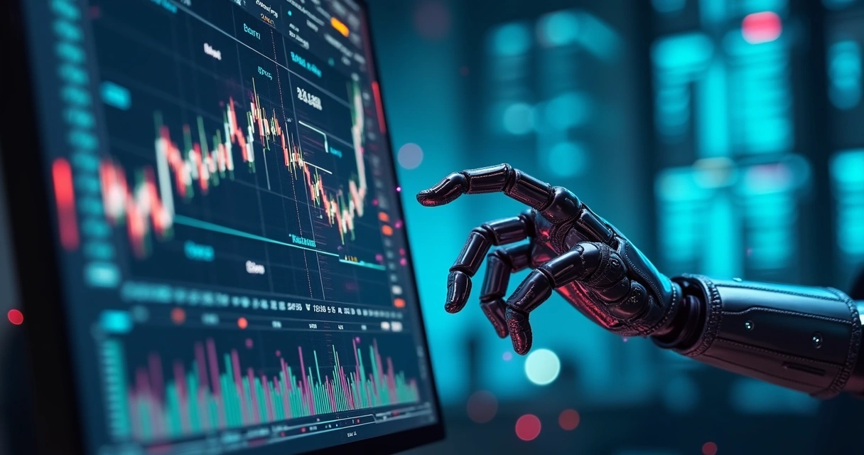 Tela de computador exibindo gráficos financeiros sofisticados com linhas e números, ao lado de um robô investidor digital operando estratégias algorítmicas 