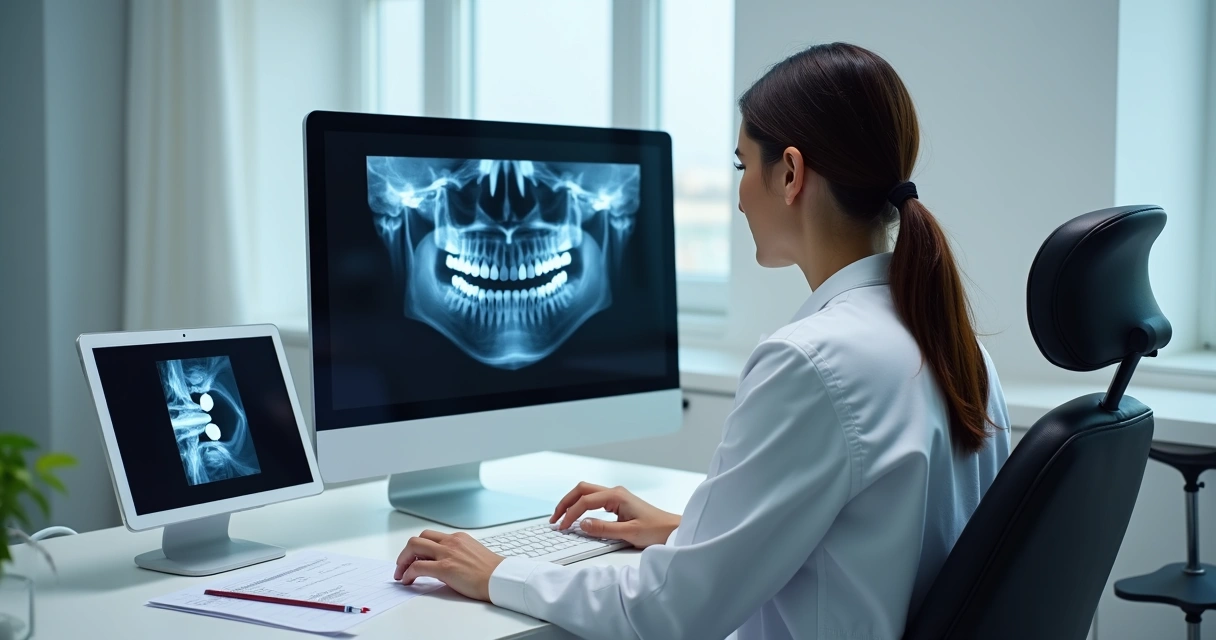 Dentista analisa radiografia auxiliado por inteligência artificial 