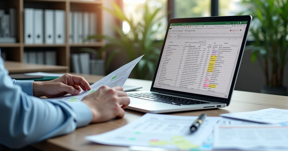 Pessoa analisando documentos com marcações coloridas e planilha digital no laptop em ambiente de escritório moderno 
