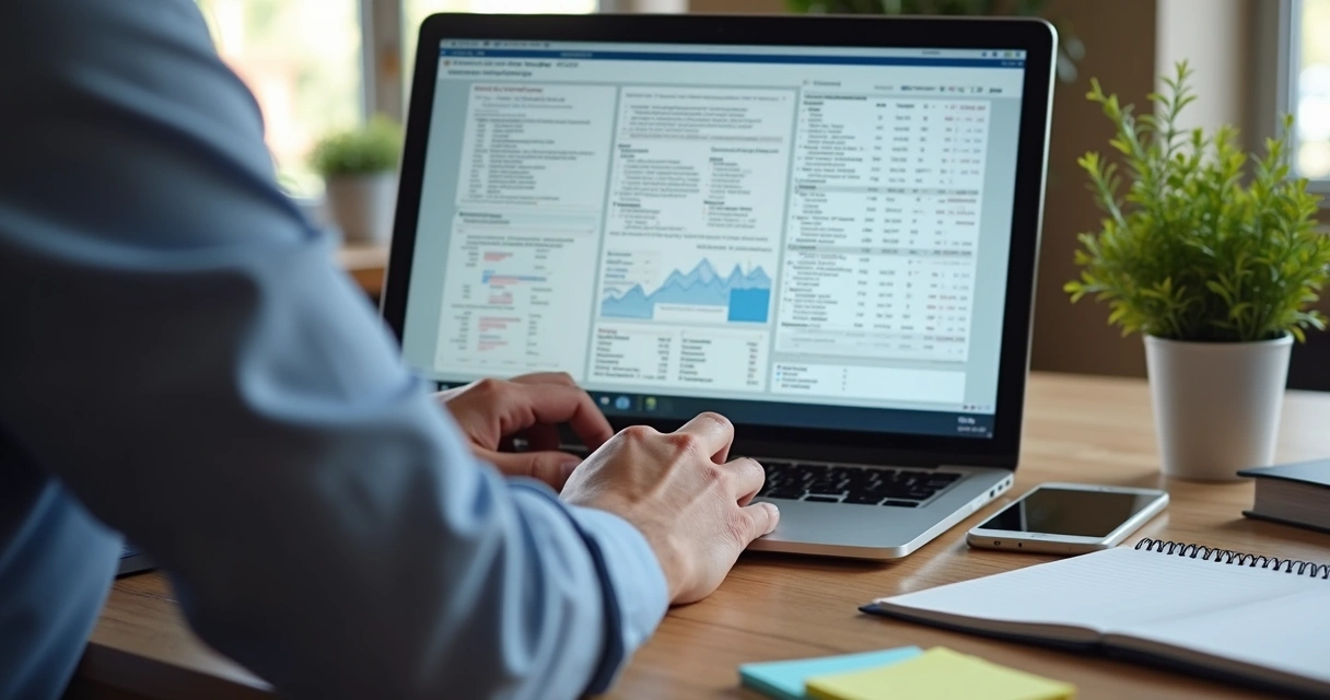 Pessoa analisando rapidamente imóveis e documentos digitais em notebook 