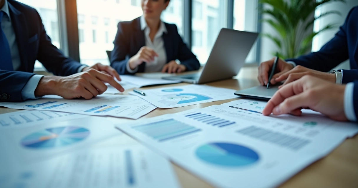 Equipe analisando recebíveis e fluxo de caixa em escritório 