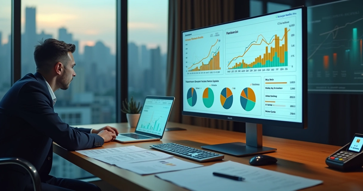 Gestor financeiro analisando gráficos de receitas em escritório moderno 