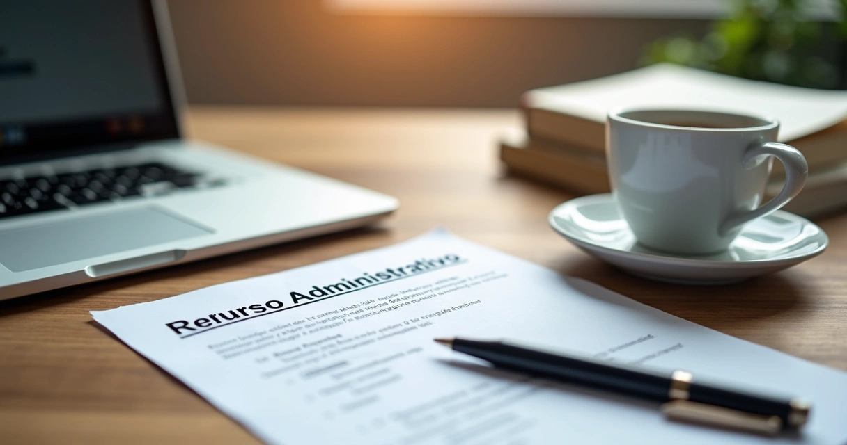 Documento oficial com análise de recurso administrativo em licitação pública sobre mesa de trabalho com laptop e caneta 