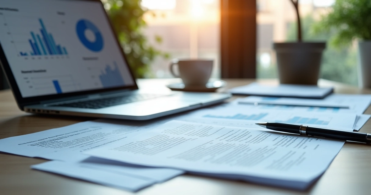 Mesa de escritório com documentos, laptop aberto exibindo análise de texto e uma caneta ao lado 