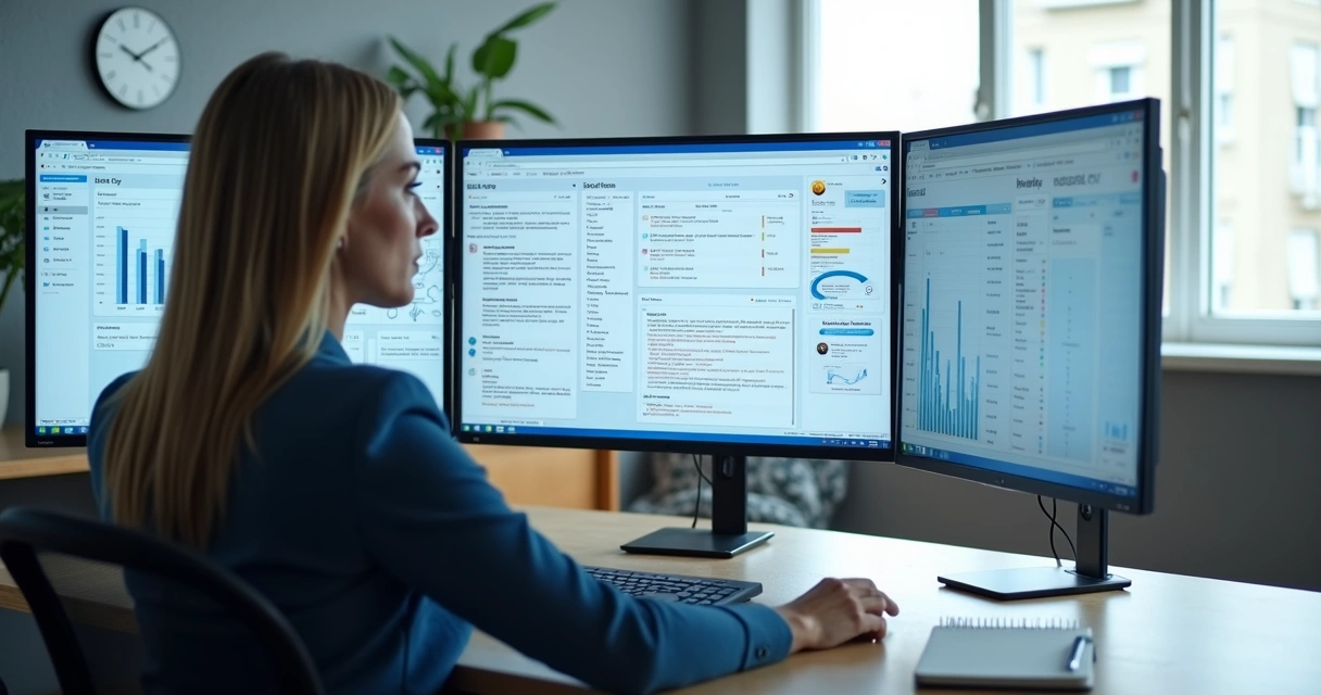 Profissional avaliando dados sociais de empresas em dashboard B2B
