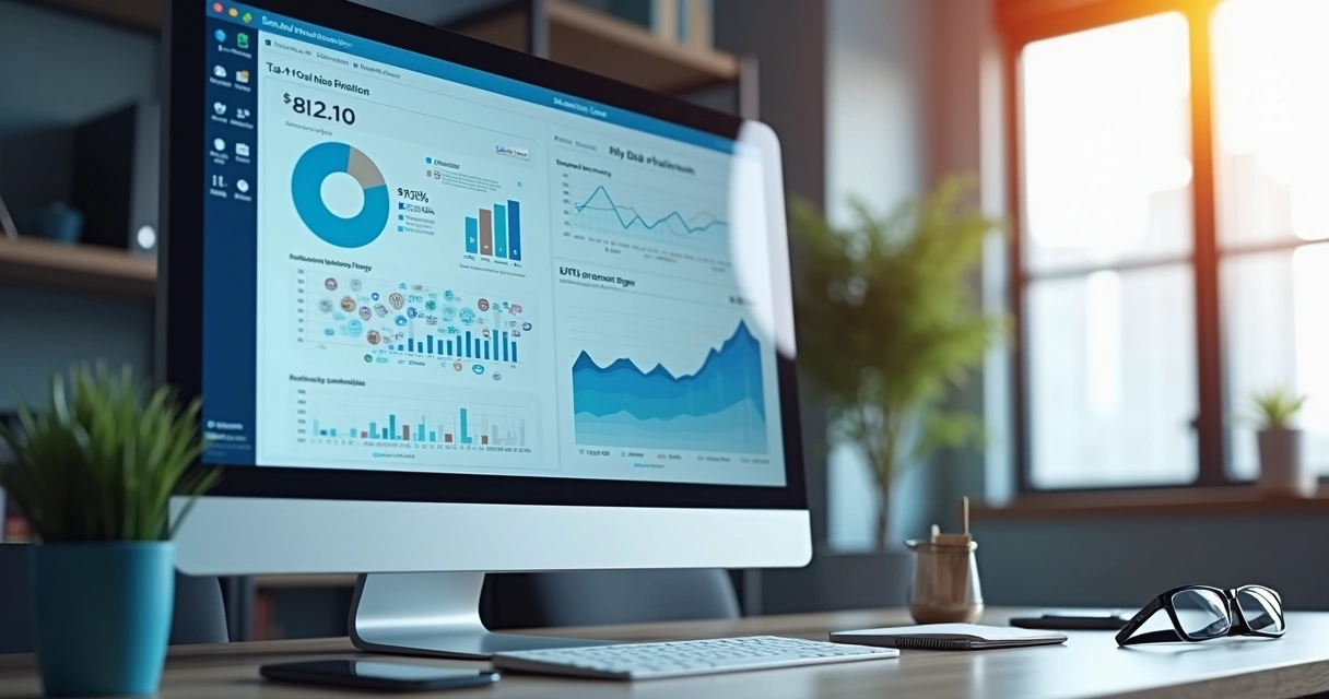 Tela de computador exibindo gráficos e ícones de redes sociais nichadas em ambiente de trabalho moderno 