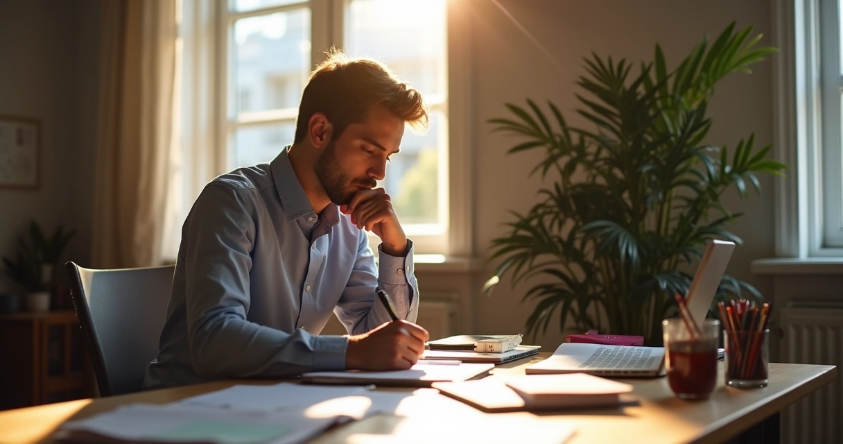Pessoa analisando papeis sentado à mesa, expressão pensativa 