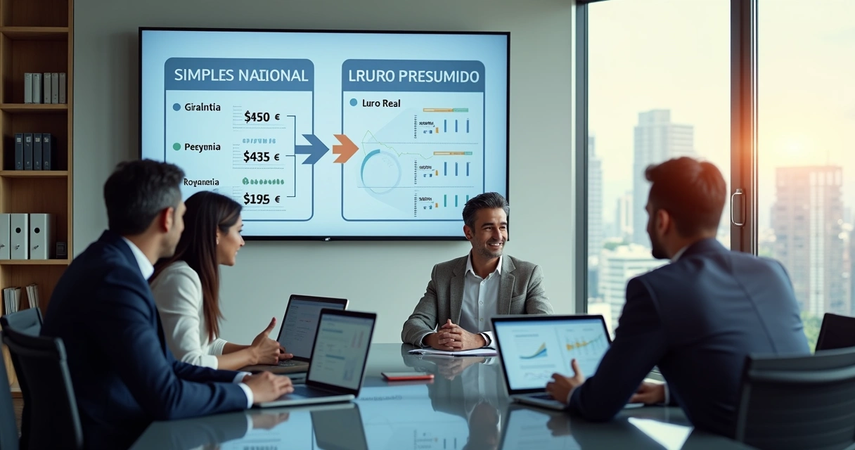 Equipe analisando escolhas de regimes tributários na empresa 