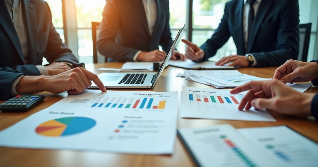 Documentos fiscais, calculadora e gráficos sobre mesa de reunião 