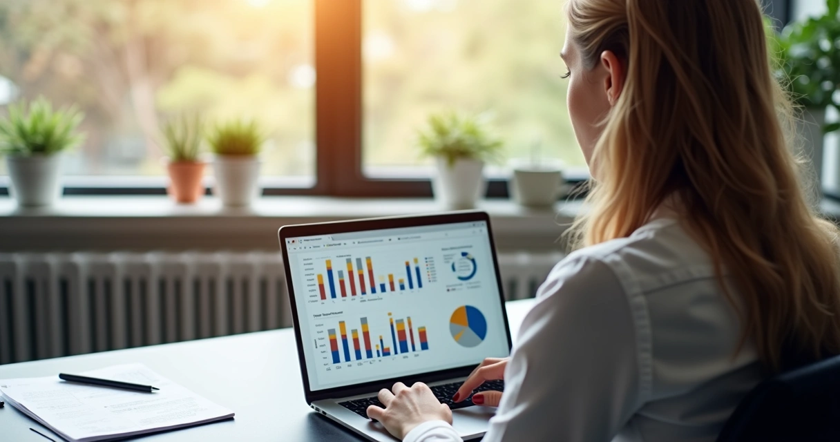 Executiva analisando relatórios de campanha de influenciador em notebook, gráficos na tela 