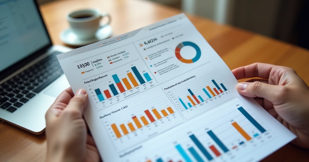 Mão segurando relatório com gráficos e tabela de performance de campanha de influenciadores digitais 