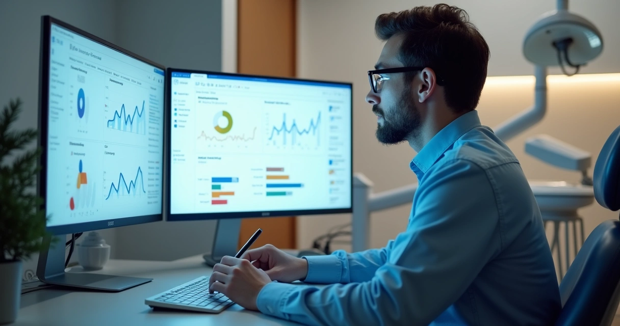 Profissional analisa relatórios de conteúdo em clínica 