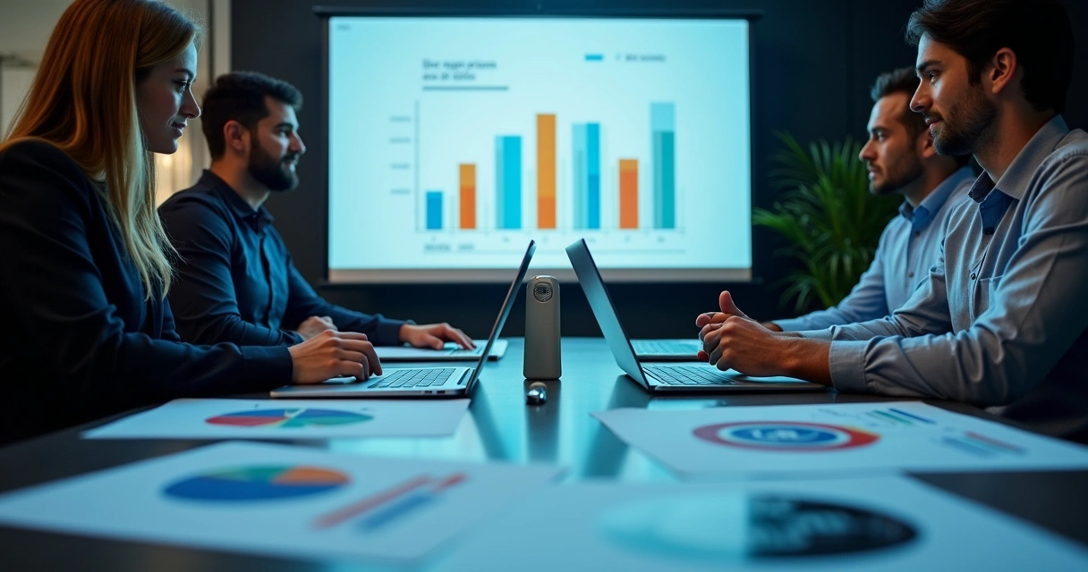 Gráfico financeiro sendo analisado por executivos de TI em uma mesa 