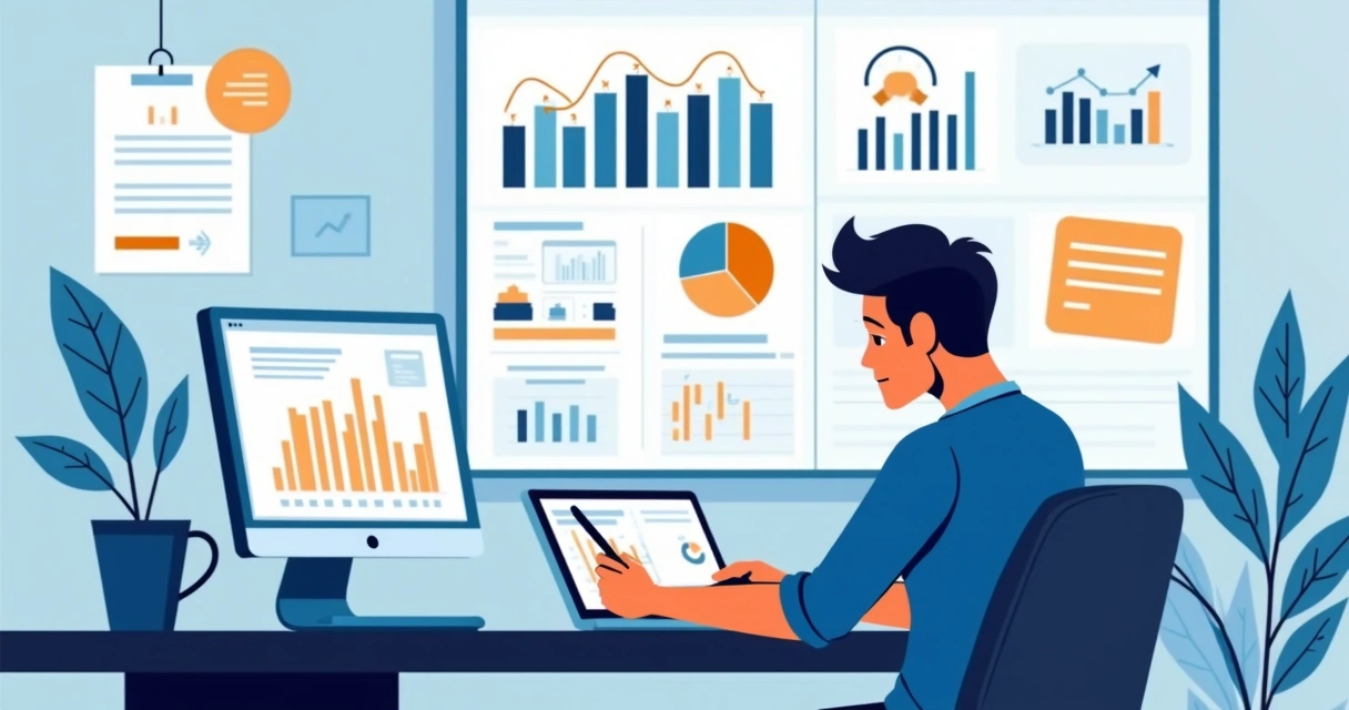 Especialista analisando gráficos digitais com relatórios de ROAS em notebooks e tablets