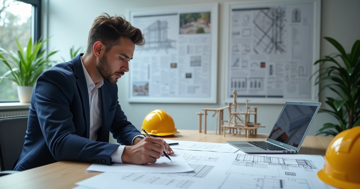 Engenheiro analisando relatório estrutural em escritório 