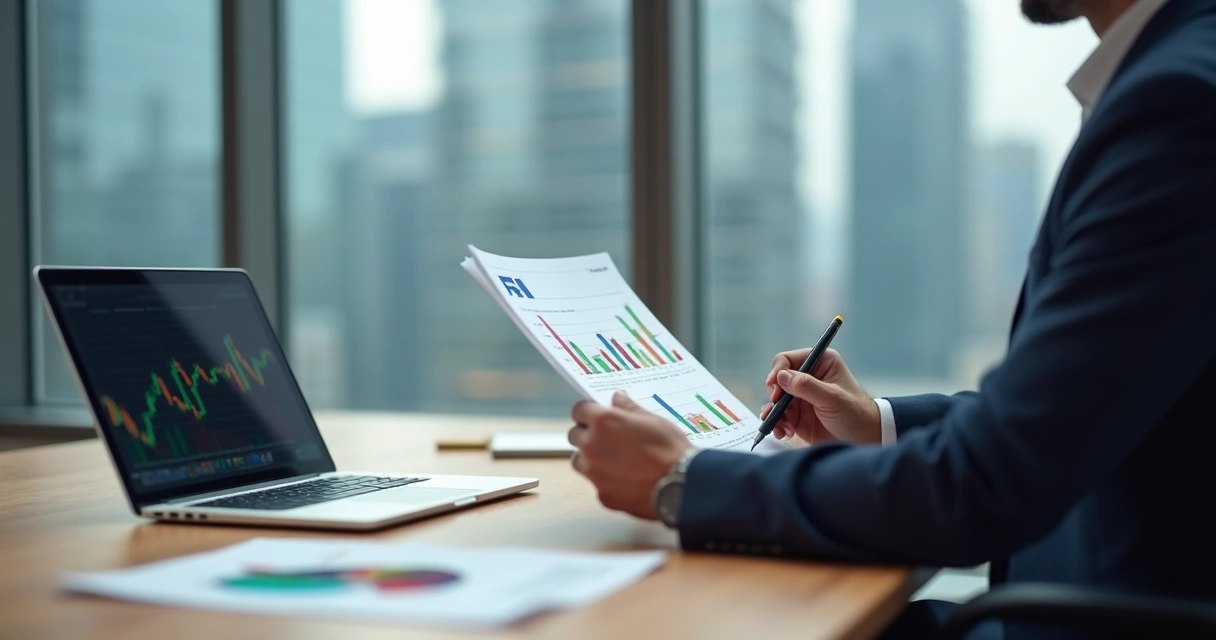 Investidor analisando relatório de fundo imobiliário com gráficos e edifícios ao fundo