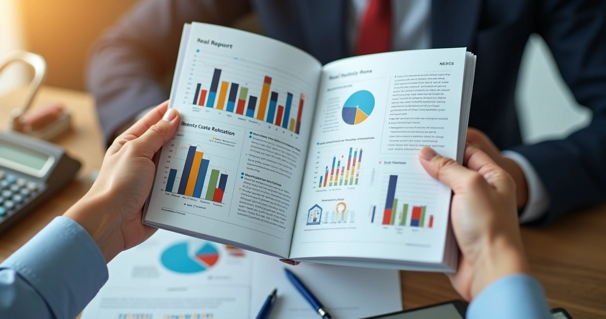 Mãos segurando relatório de fundo imobiliário aberto com gráficos 