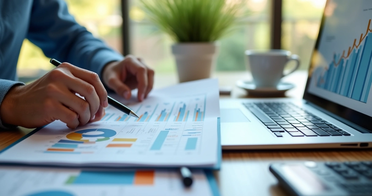 Pessoa analisando relatório financeiro em papel e notebook 