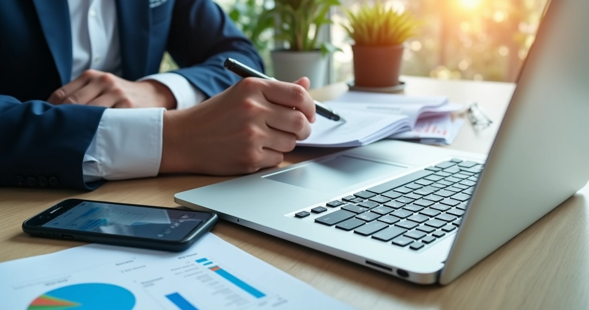 Gestor conferindo relatórios financeiros na tela do notebook