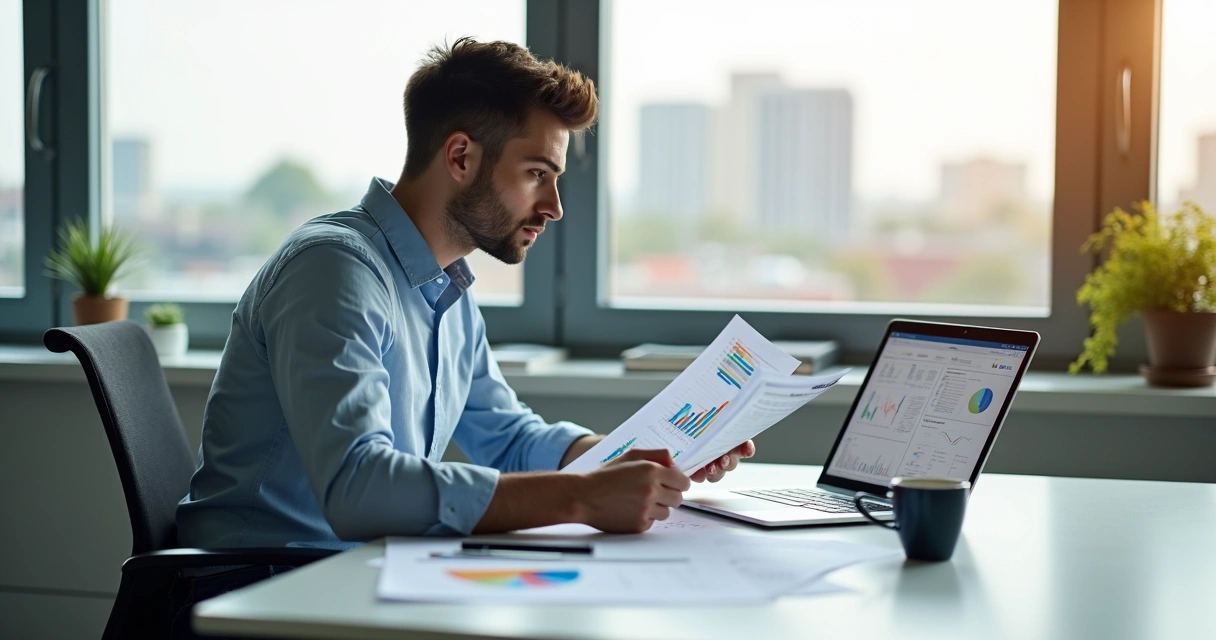 Empresário sentado analisando relatório financeiro impresso sobre mesa com gráficos