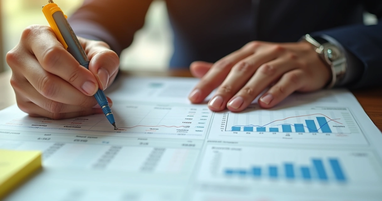 Relatório financeiro simples em mesa com anotações à mão e gráfico desenhado 