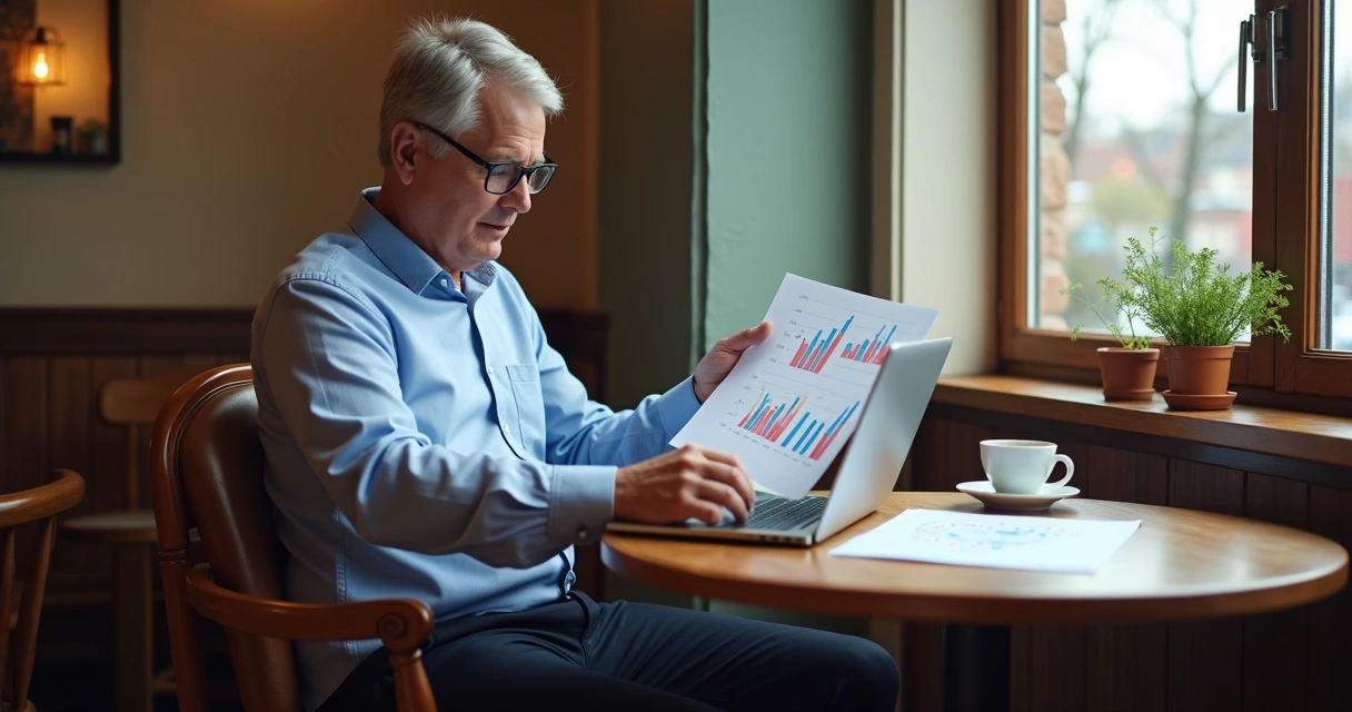 Gerente analisa relatórios financeiros em mesa de restaurante 