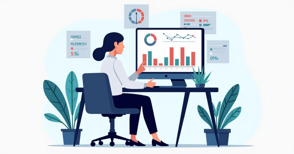 Pessoa analisando relatório detalhado digital em mesa de escritório