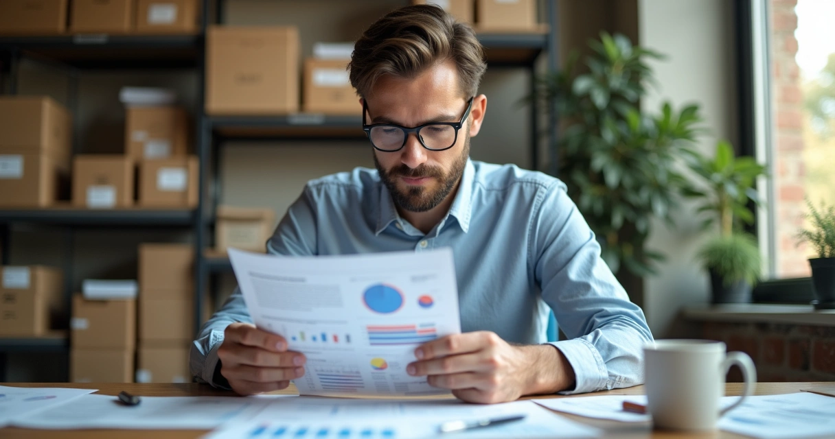 Empreendedor revisando relatório financeiro em papel na mesa de escritório pequeno 