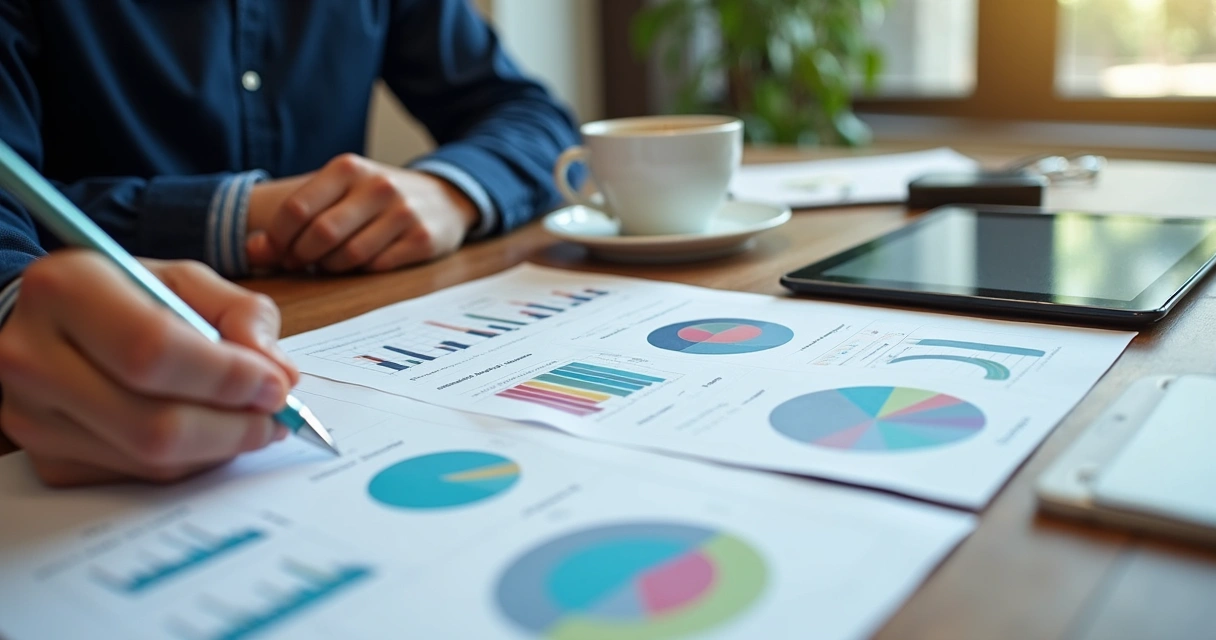 Relatório de pesquisa sendo analisado por pequeno empreendedor, gráficos e notas na mesa 