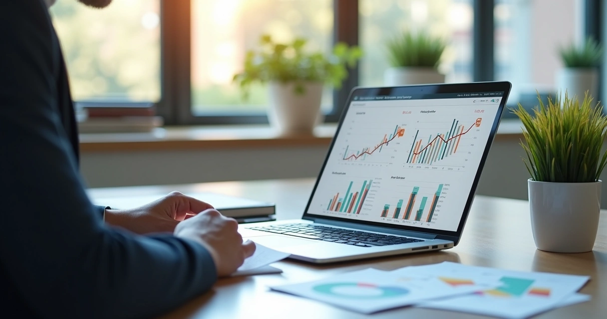 Pessoa analisando relatório financeiro com gráficos coloridos e indicador de rentabilidade 