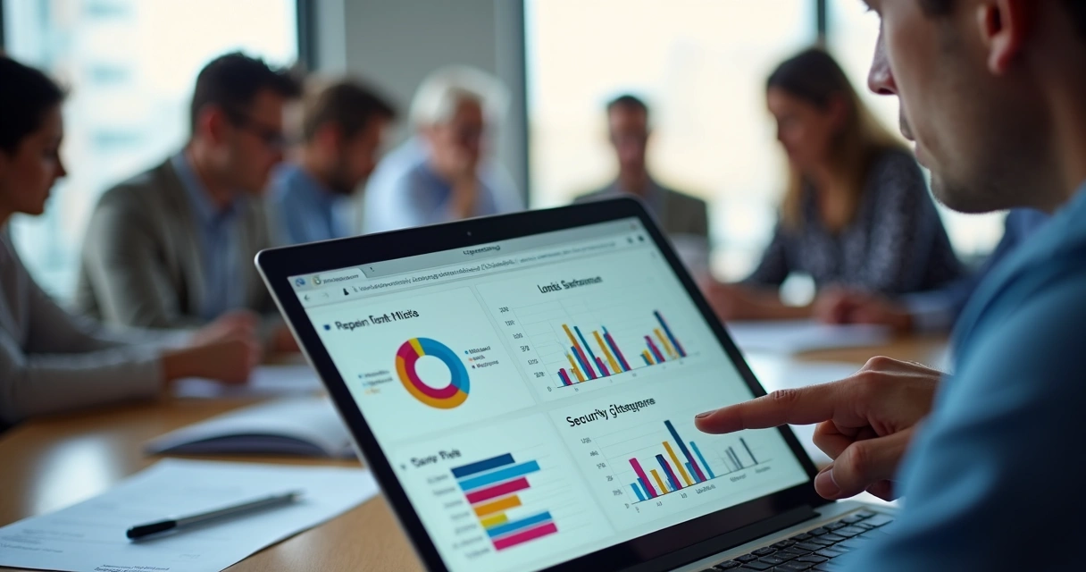 Gestor analisa relatório digital de segurança em notebook próximo à equipe 