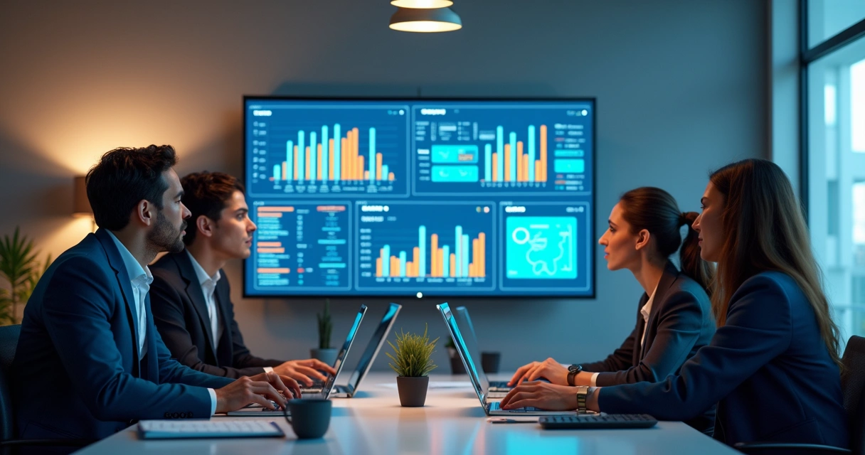 Equipe de vendas analisando relatório digital de CRM em tela 