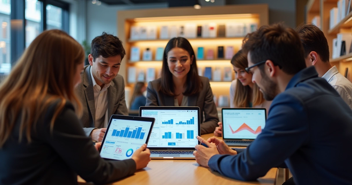 Equipe analisando relatório de vendas em loja de celular 