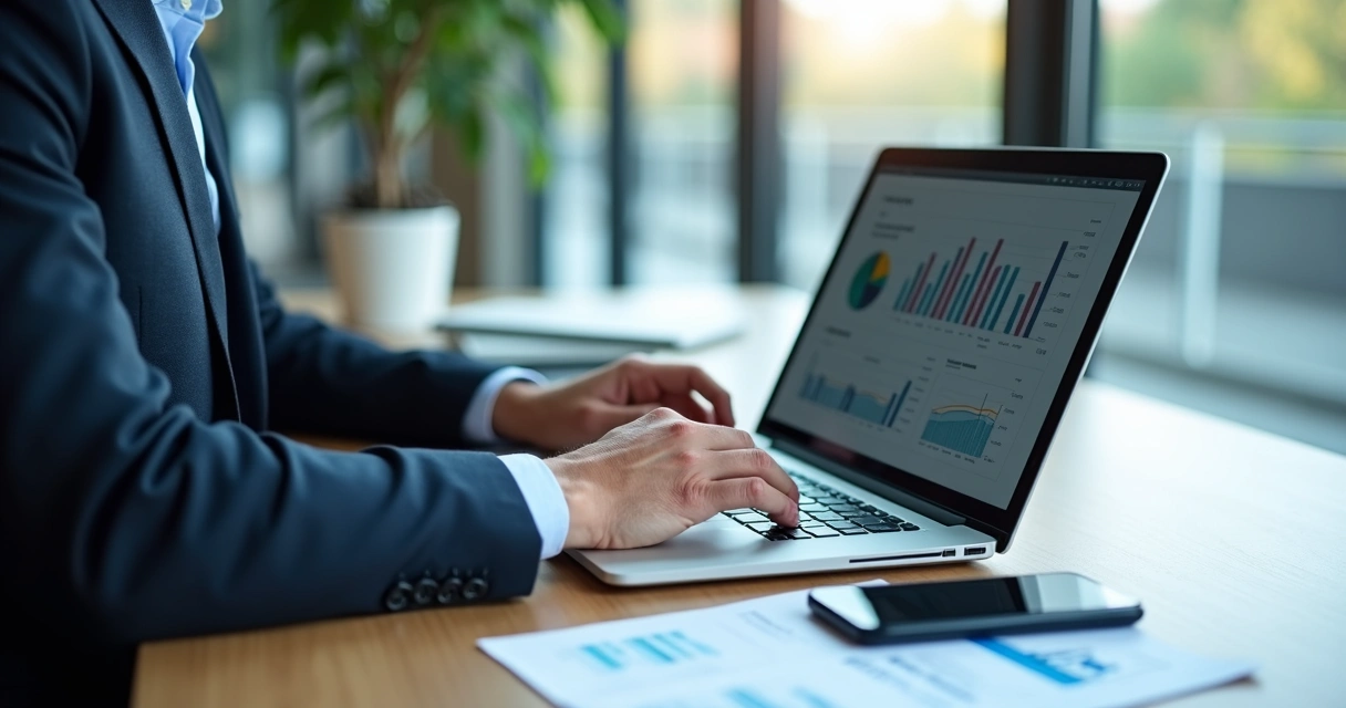 Gestor analisando relatórios de dados automáticos em um notebook em um ambiente corporativo. 