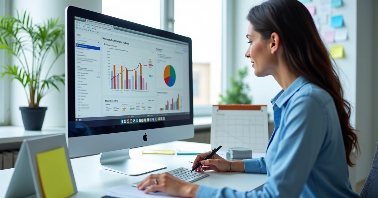 Contadora analisa relatório financeiro no computador com gráficos coloridos 