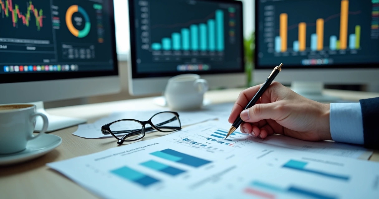 Pessoa avaliando relatórios financeiros de empresa 