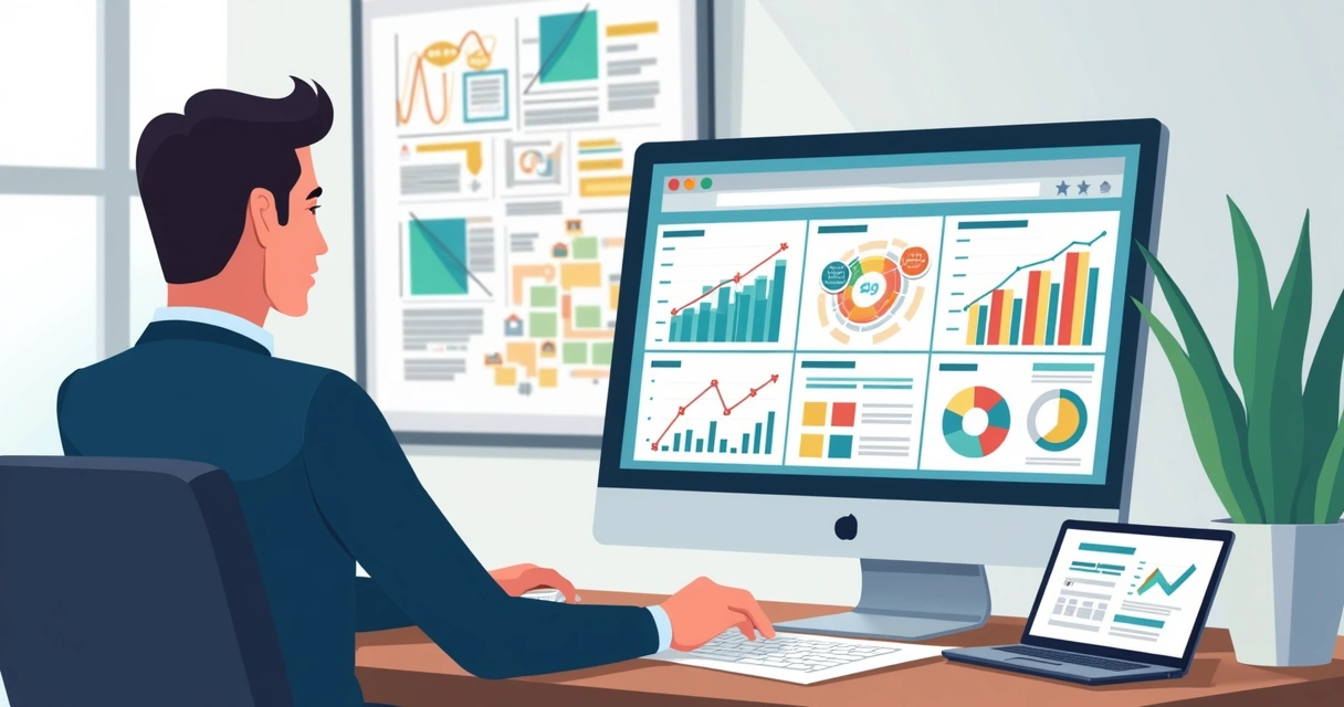 Profissional analisando gráficos e relatórios de vendas no computador 